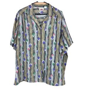 Alia Women's Button Front Top Blouse Short Sleeves Striped Leaf Pattern Size 22W